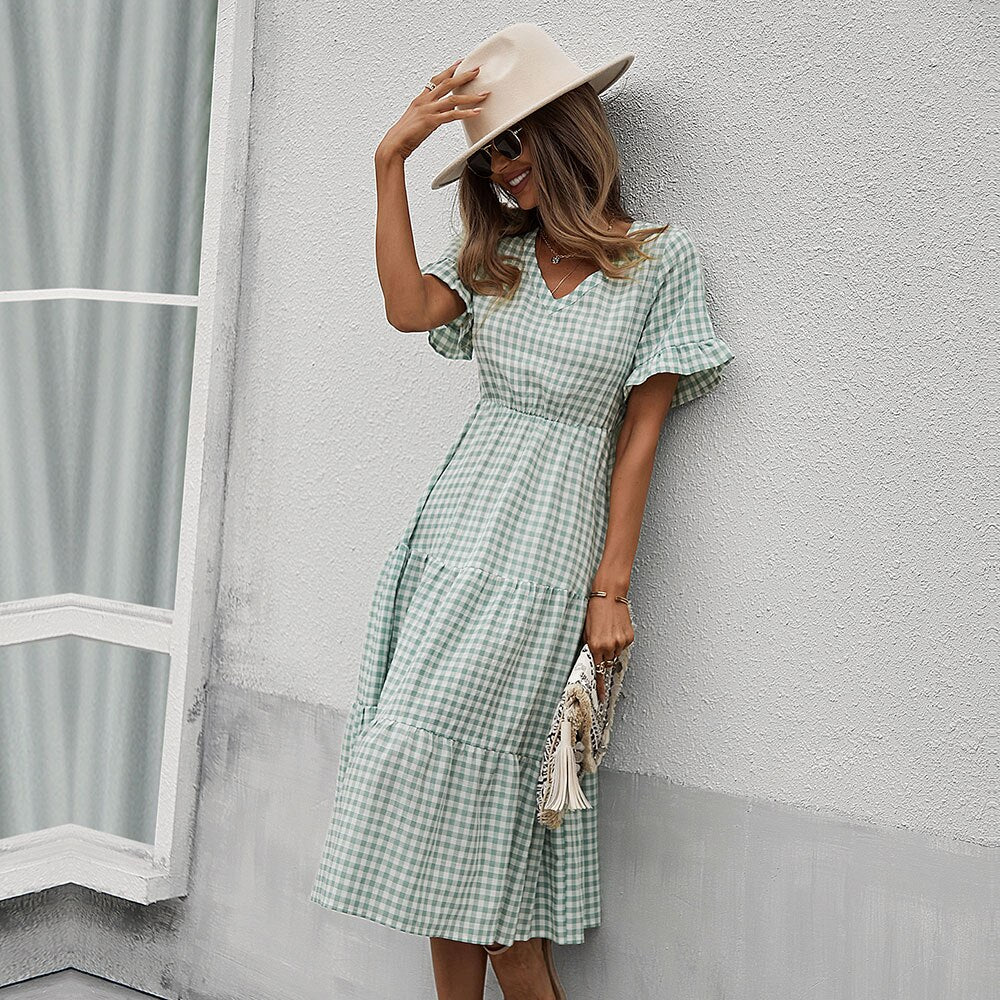 Spring Summer Plaid Casual Long Dress Women V Neck Slim High Waist Ladies New A Line Party Maxi Dress