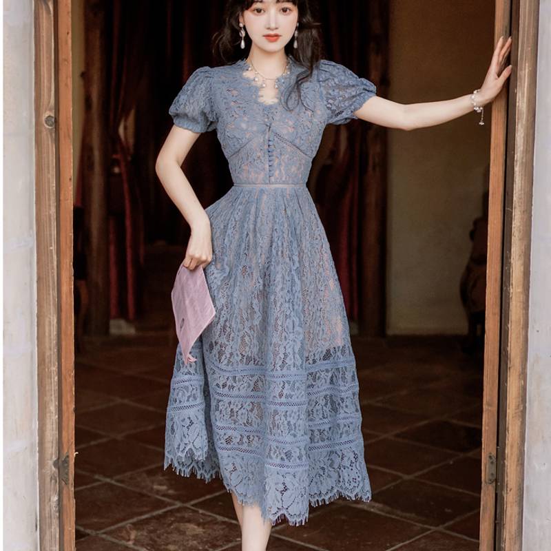 swvws  Summer  Fashion Korea Temperament Elegant Women  V-Neck Puff Sleeve  Lace Hollow Out Dresses   Vestidos