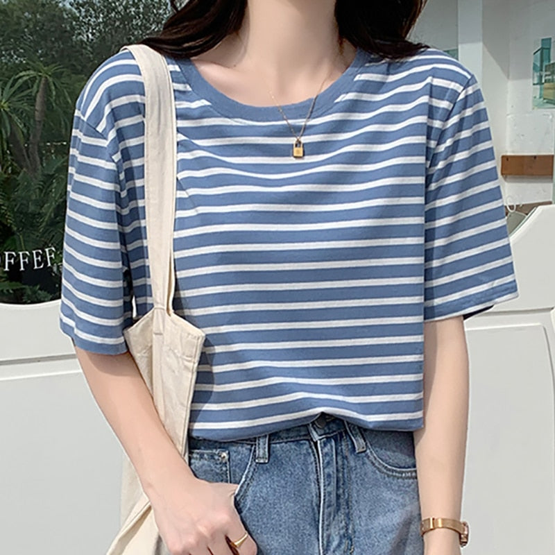 swvws Summer New Striped T Shirt Women Fashion Korean Loose Tshirt Top O Neck Casual Basic Tee Shirt Female Short Sleeve Tee T-Shirt