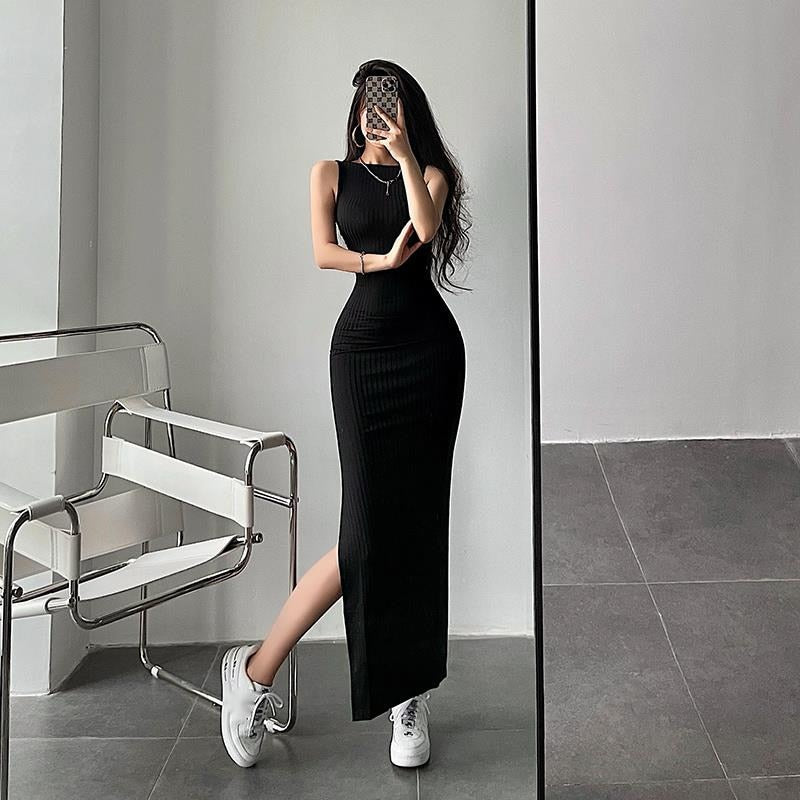 swvws Sexy Tight Slim Backless Hollow Out Sleeve Less Split Long Skinny Hip Maxi Dress Hot Sexy Boho Dresses Tank Vest ATC5