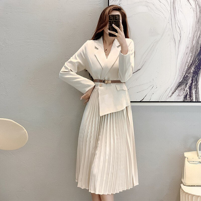 swvws  Autumn Korean Fashion OL Long Sleeve Midi Suit Dress Women Fake Two-Piece Slim Pleated Long Casual  Dress