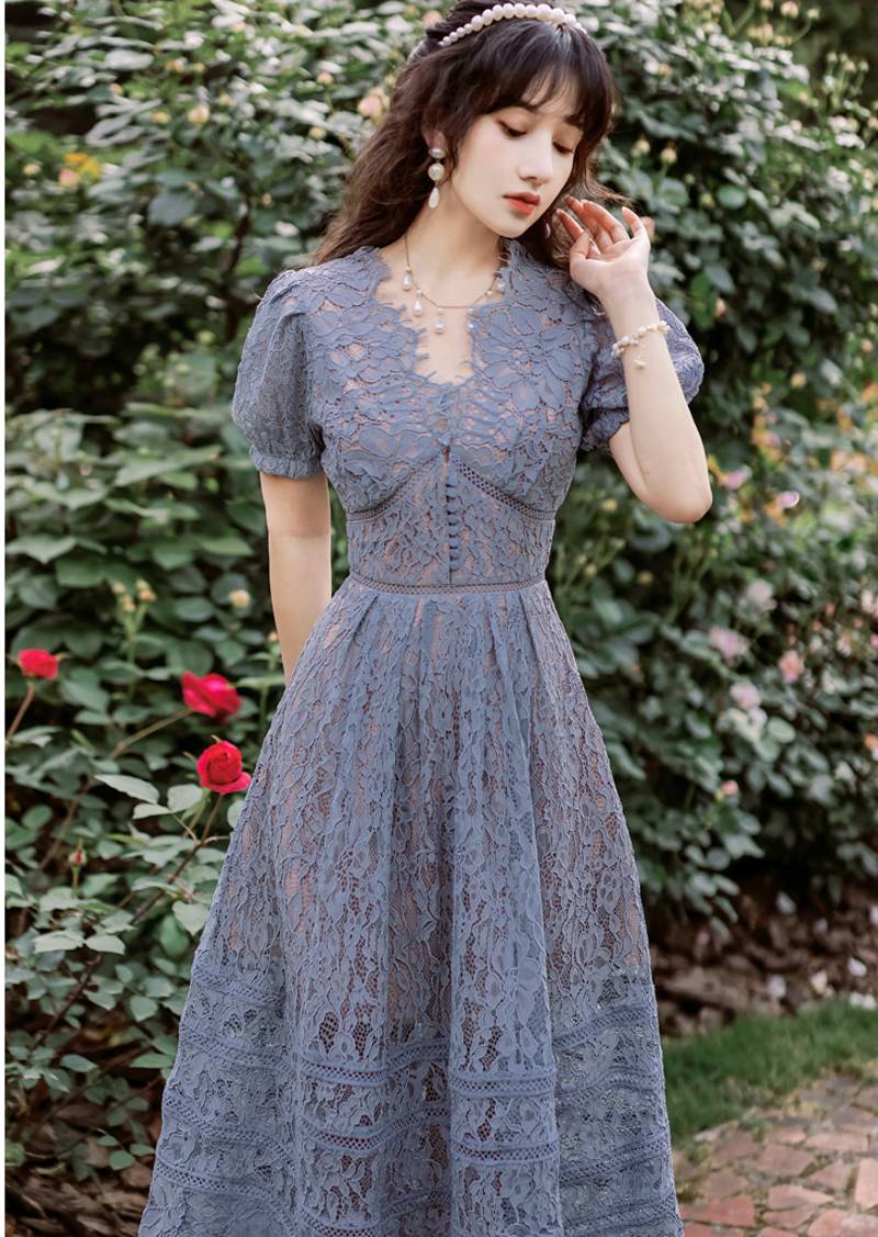 swvws  Summer  Fashion Korea Temperament Elegant Women  V-Neck Puff Sleeve  Lace Hollow Out Dresses   Vestidos