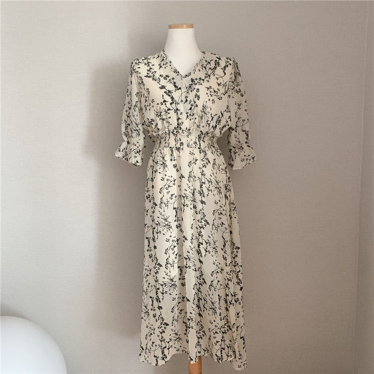 swvws Vintage Korea Fashion Clothing Summer Slim Elastic Waist A Line V Neck Elegant Office Lady Floral Chic Chiffon Long Dress Retro