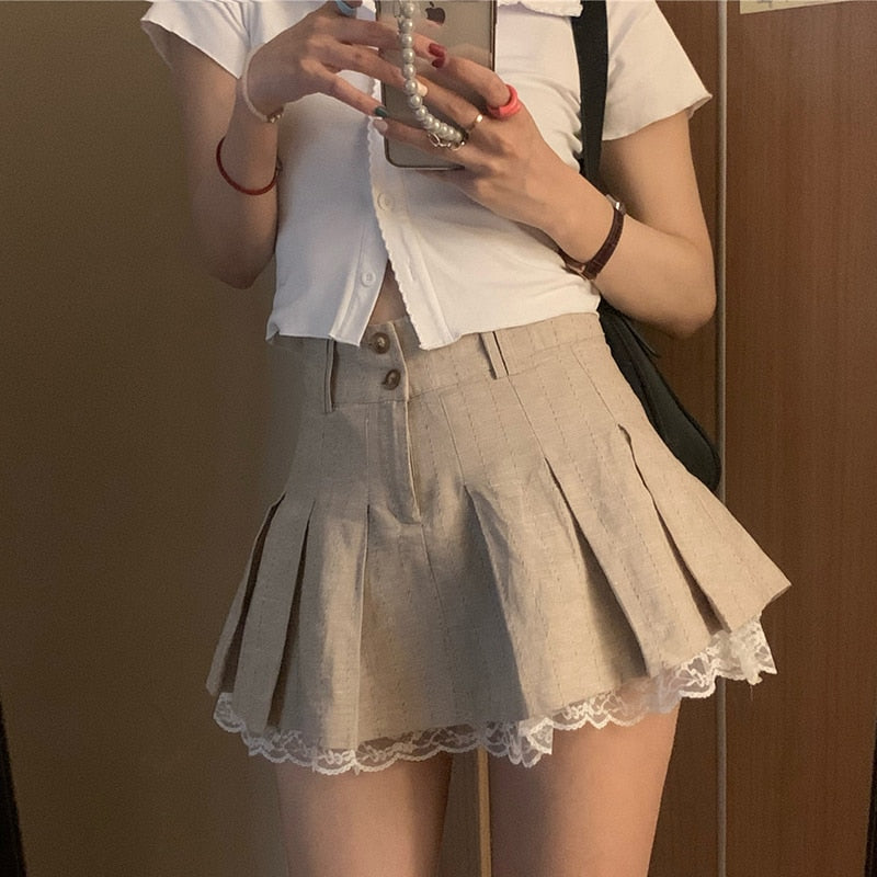 swvws Pleated Mini Skirt Women Summer Short Lace Trim Skirts Female Preppy Style Khaki High Waist Skirt Girl School Uniform Miniskirt