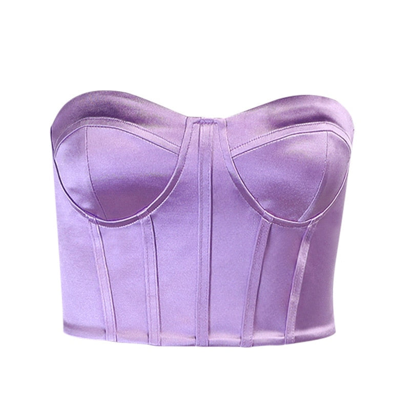 swvws  Patchwork Sexy Bustier Corset Crop Top Women Sleeveless Off Shoulder Purple Satin Bandage Tank Top Summer Club ASVE82591