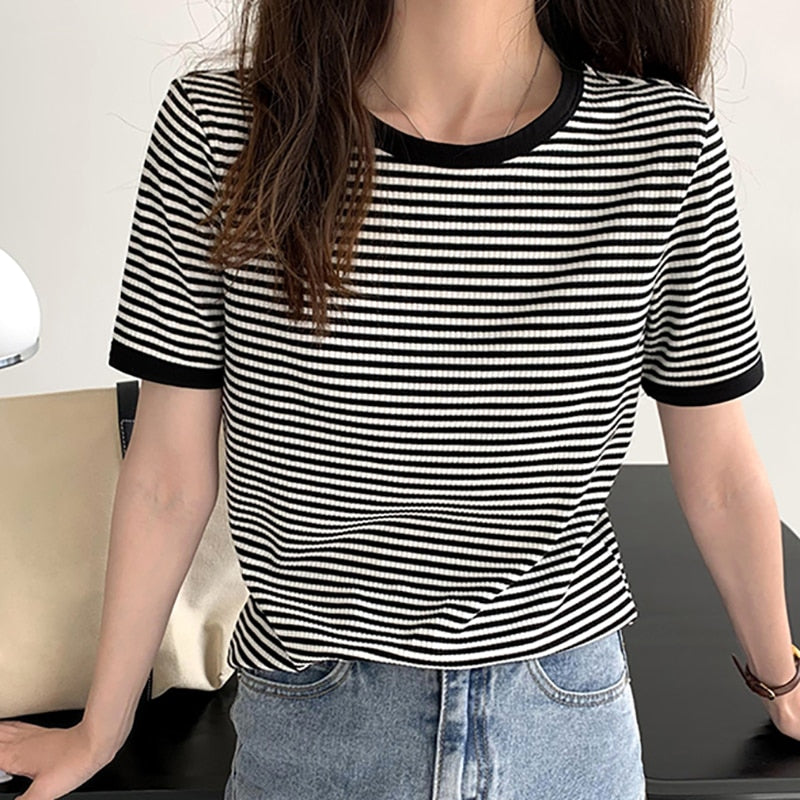 swvws Cotton T Shirt Women  Summer Striped Tshirts For Women Clothing Casual Basic Women's T-Shirt Loose T-Shirts Tee Tops Tshirt