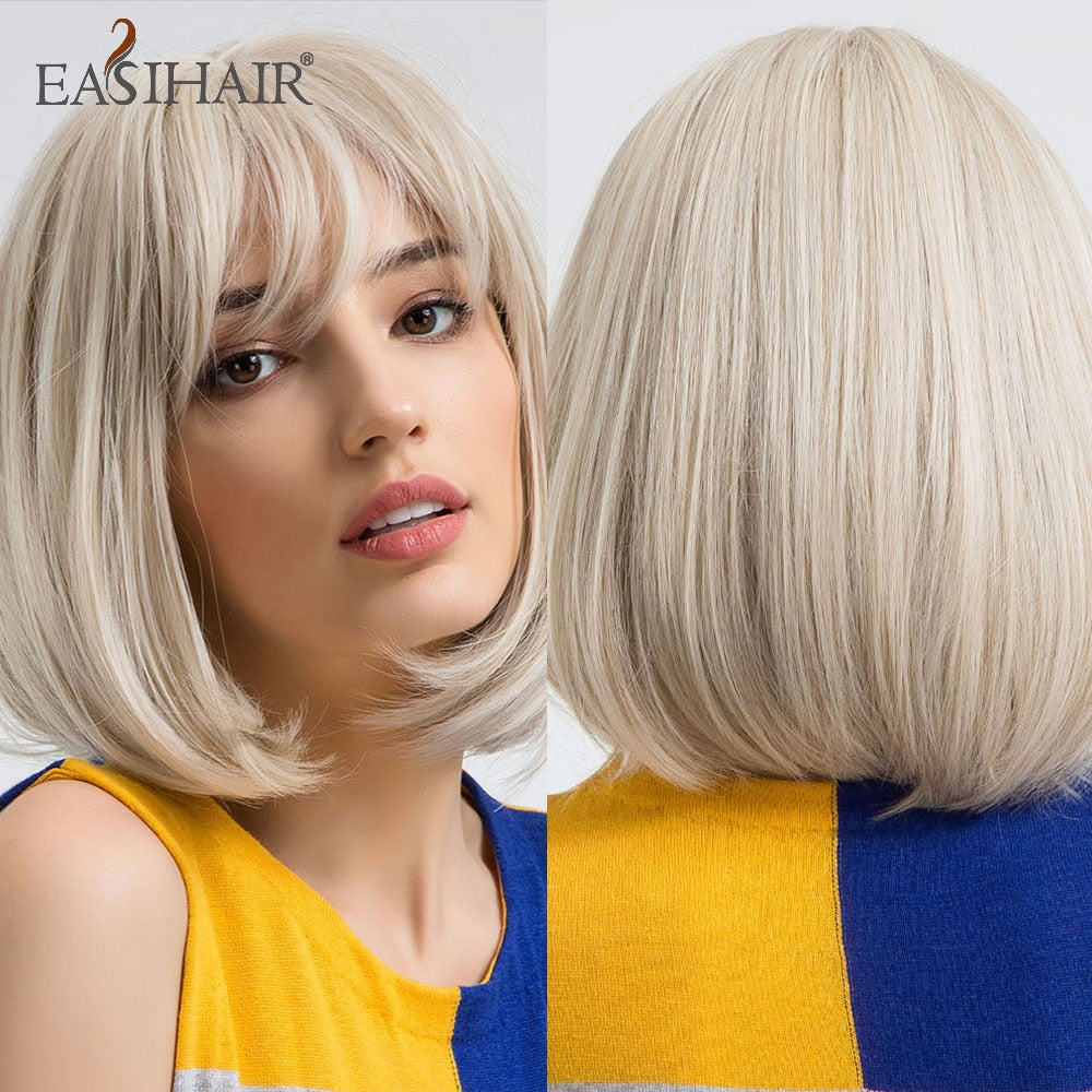 swvws  Short Straight Bob Wigs With Bang Golden Brown Natural Synthetic Hair For Women Daily Cosplay Heat Resistant Fiber Wigs