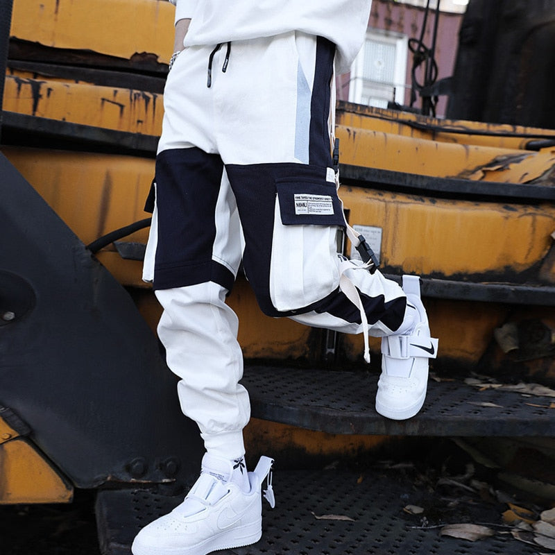 swvws Mens Vintage Hip Hop Style Baggy Jeans Joggers Cargo Pants For Men Casual Hip Hop Hit Color Pocket Male Trousers Sweatpants Streetwear Ribbons Techwear Pants