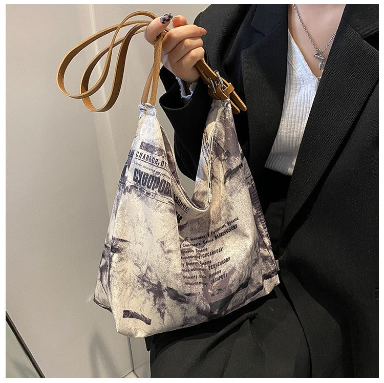 swvws New Shoulder Bag For Women Newspaper Print Oxford Handbags PU Leather Straps Bucket Bag Ladies Tote Bag Hand Bags Bolsos