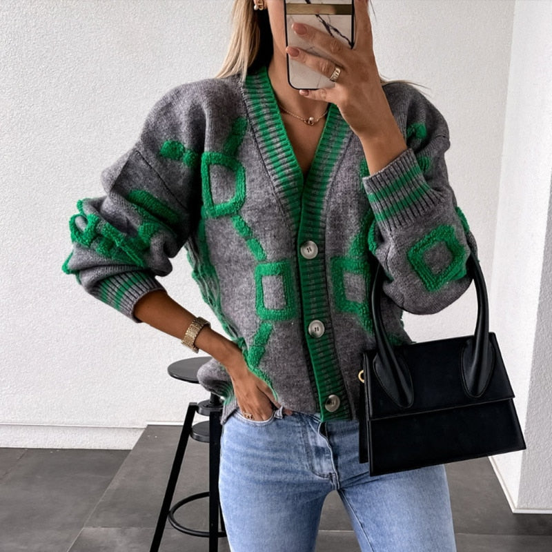 swvws Back To School Women Cardigan Green Striped Pink Knit Button Lady Cardigans Sweaters V-Neck Loose Casual Winter Fashion Knitted Coat