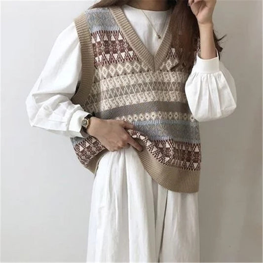 swvws Vintage Argyle V-Neck Knitted Sweater Vest Women Loose Sleeveless Sweater Pullover Autumn Korean Casual Oversized Knit Waistcoat