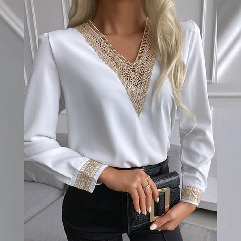 swvws Autumn Lace Crochet Satin Silk Chiffon Shirt Women Long Sleeve Woman Blouses Tops V Neck Solid Embroidery Shirts Blusas 15777