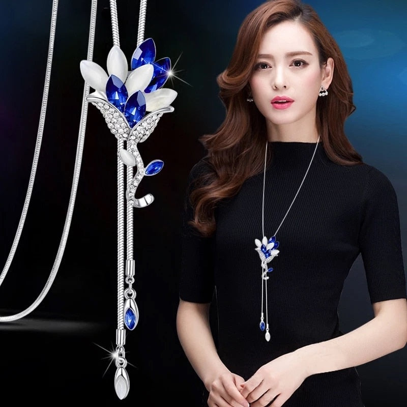 swvws Fashion Long Chain Sweater Necklaces & Pendants for Women Blue Opal Rhinestone Flower Pendant Necklace Female Jewelry