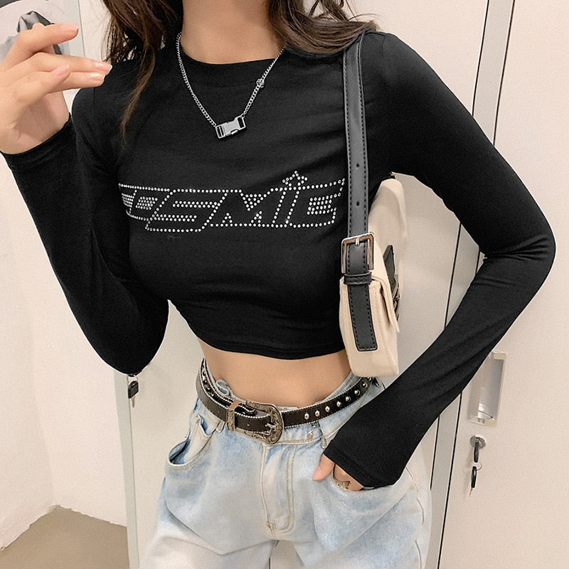 swvws Long Sleeve Letters Print Sexy Ctop Tops Women Fashion Streetwear Party Club Female T-Shirts