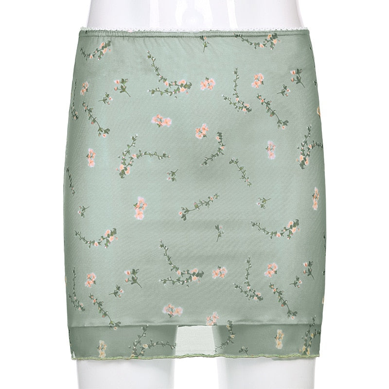 swvws   New  Light Green Floral Printed Two-Layers Y2k Mini Skirts Harajuku 90S Korean Retro Straight Women Aesthetic Summer Outfits