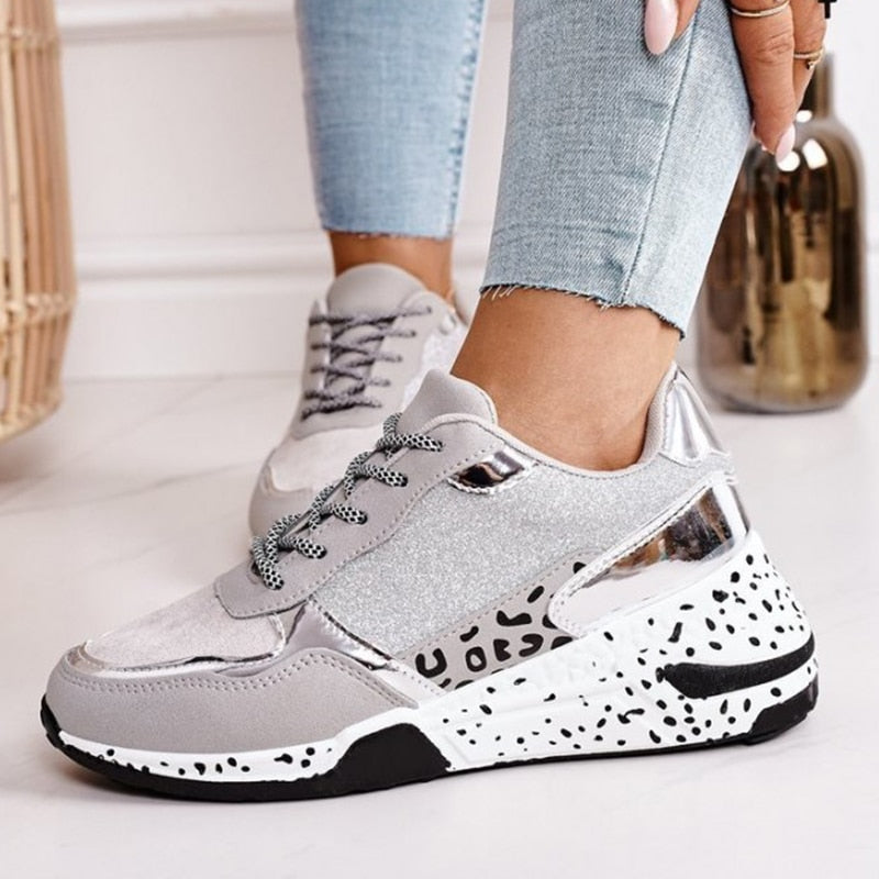 Wenkouban Women's Sneakers Platform Casual Shoes Women Vulcanize Shoes Leopard Ladies Running Shoes Sport Silver Lace-Up Female Sneakers