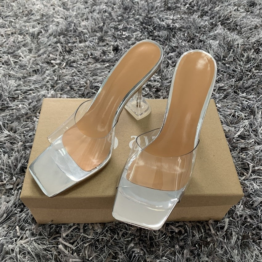 swvws  New Designer PVC Transparent Slippers Women Perspex High Heels Summer Party Ladies Clear Band Crystal Shoes Plus Size 41 42