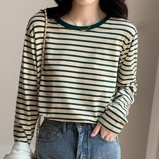 swvws Striped Vintage Long Sleeve Women T Shirts O Neck Loose Thin Tops Female All-Match Basic Spring New Fashion T-Shirt Tees Femme