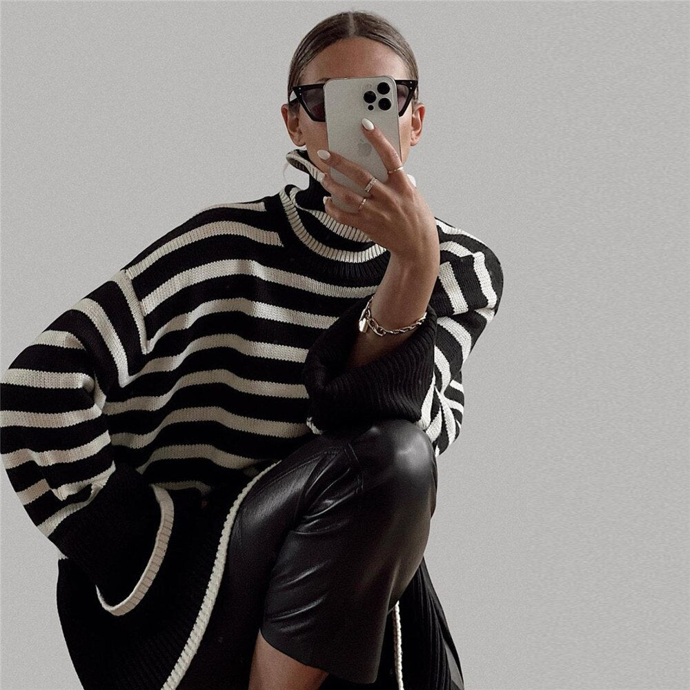 swvws New Ladies  Autumn Winter Turtleneck Sweater Women Pullover Tops Clothes Black White Striped Loose Casual Sweater Jumpers Female