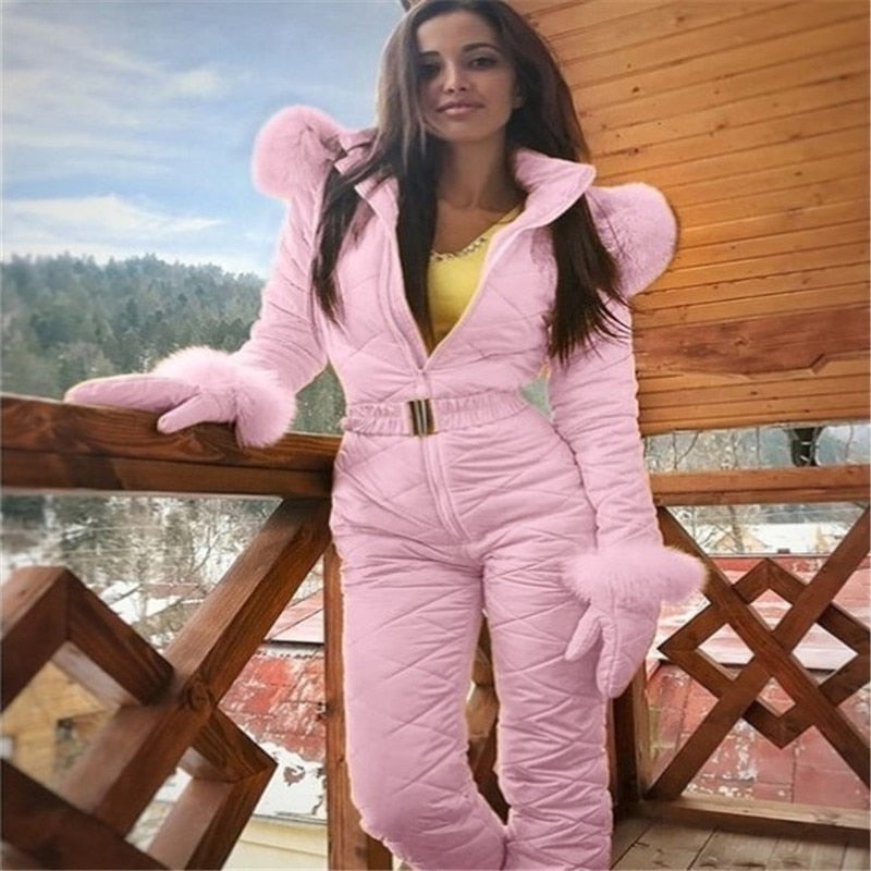 swvws One-Piece Ski Suit Women Snow Coveralls Mountain Ski Fleece Jumpsuit Super Warm Winter Ski Jacket Pants Breathable Snow Suit