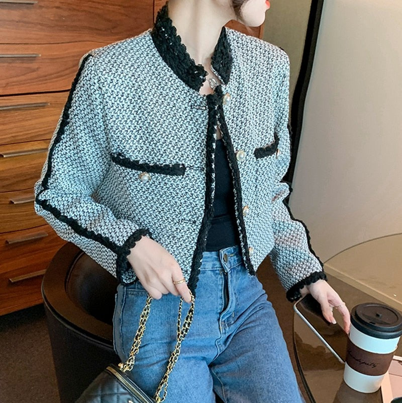 swvws  Autumn New Women High Quality  Single-Breasted Tweed  Stand Collar Long Sleeve  Jacket