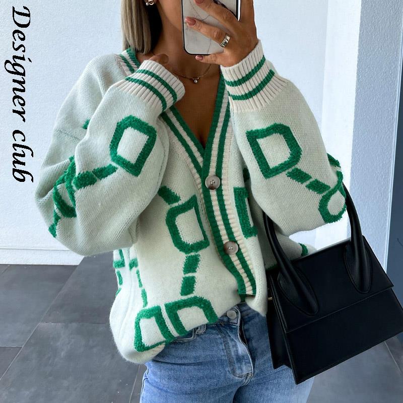 swvws Back To School Women Cardigan Green Striped Pink Knit Button Lady Cardigans Sweaters V-Neck Loose Casual Winter Fashion Knitted Coat