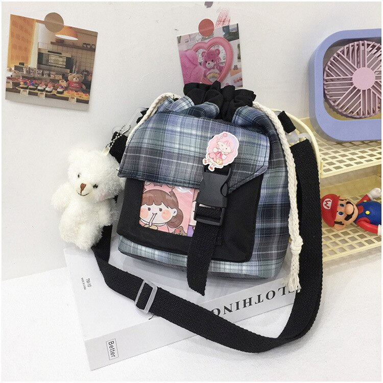 swvws New Summer Bucket Bag Women Plaid Nylon Bag Girls Small Crossbody Bags Handbag Mobile Phone Bag Drawstring Shoulder Bag Bolsos