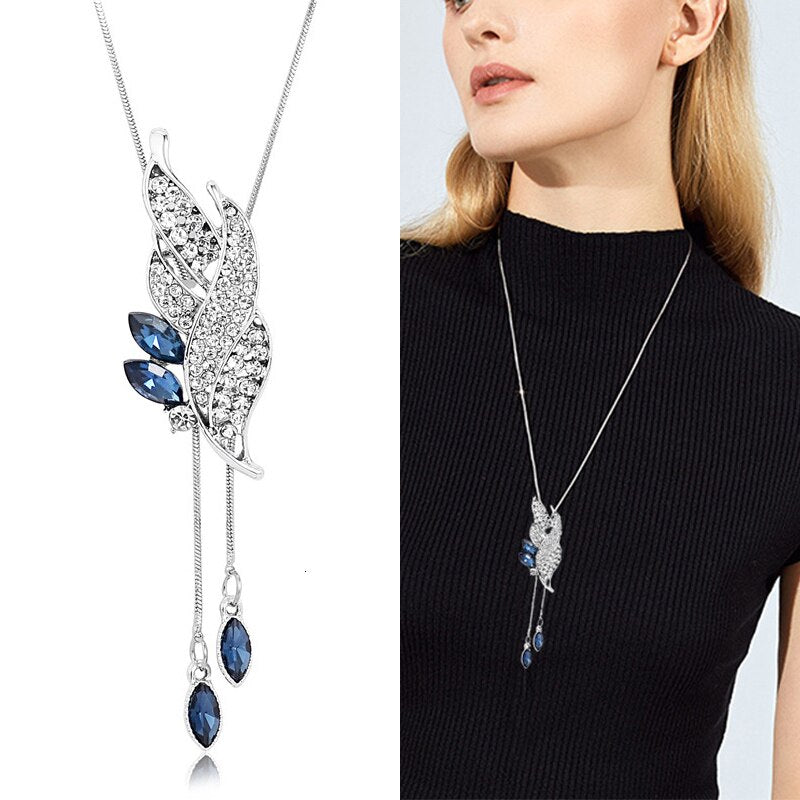 swvws Sunflower Crystal Pendant Necklace Women Fashion Blue White Rhinestone Long Chain Necklaces & Pendants Jewelry