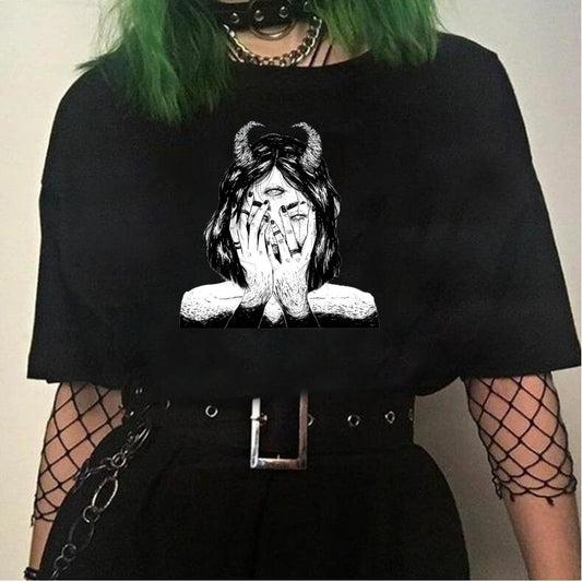 swvws Summer Female T Shirt Clothes Thetic Shirt Vintage Women T-Shirt Black Punk Clothes Tops Sadness Demon Girls Aesthetic Tshirt