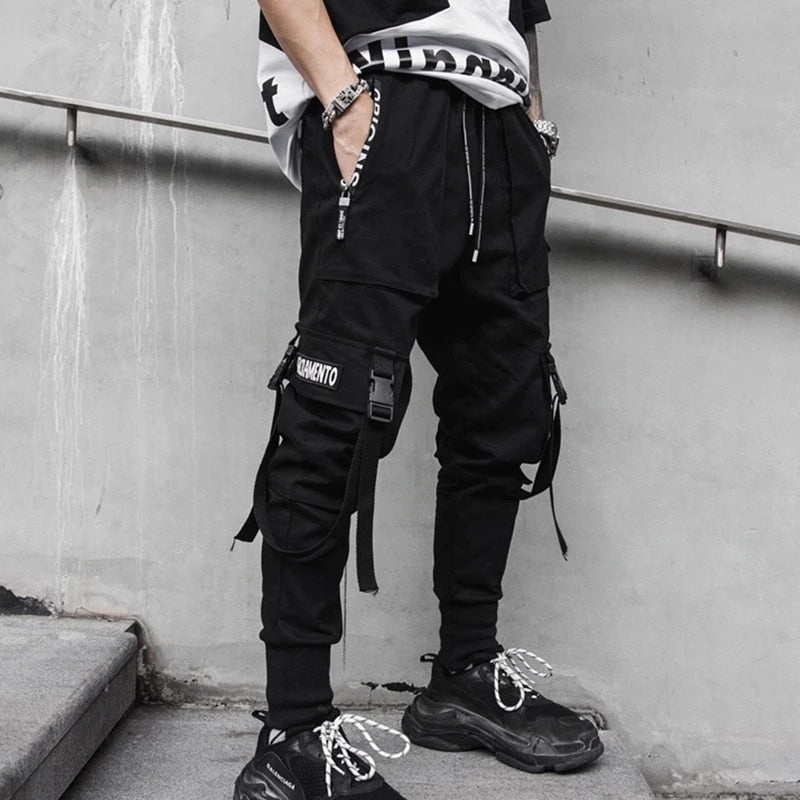 swvws Mens Vintage Hip Hop Style Baggy Jeans Joggers Cargo Pants For Men Casual Hip Hop Hit Color Pocket Male Trousers Sweatpants Streetwear Ribbons Techwear Pants