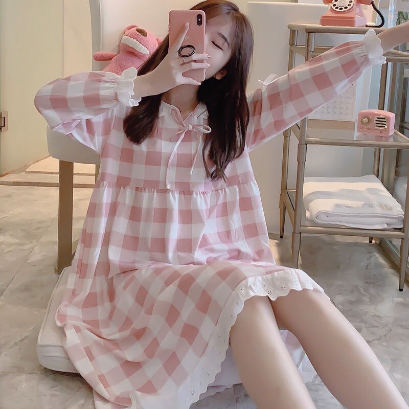 swvws Nightgowns Women Plaid Sweet Bow Knot Collar Mid-Long Sleepshirt For Girls Homewear Breathable High Quality Soft Fashion Korean