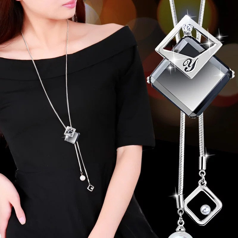 swvws Long Black Crystal Necklaces & Pendants Fashion Gold Silver Color Chain Rhinestone Geometric  Necklace Jewelry For Women