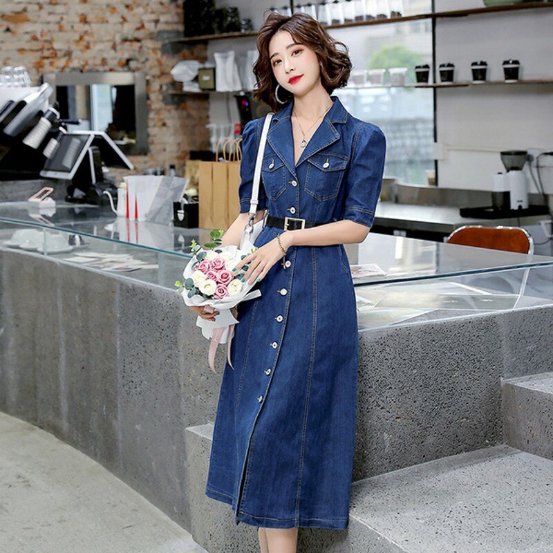 swvws  Summer  Women Denim Straight Slim Jeans Solid High Waist Short Sleeve Casual Dresses