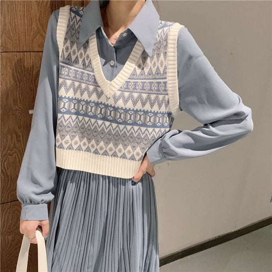 swvws Vintage Argyle Knitted Vest Women V-Neck Sleeveless Oversized Pullovers Female Waistcoat Tops Autumn Casual Loose Sweater Vest