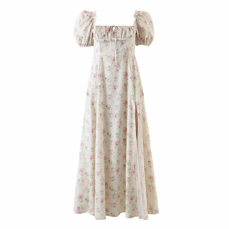 swvws Foridol Puff Sleeve Floral Print Boho Summer Dress Women Vintage Slit Yellow French Style Long Dress Beach Holiday Sundress