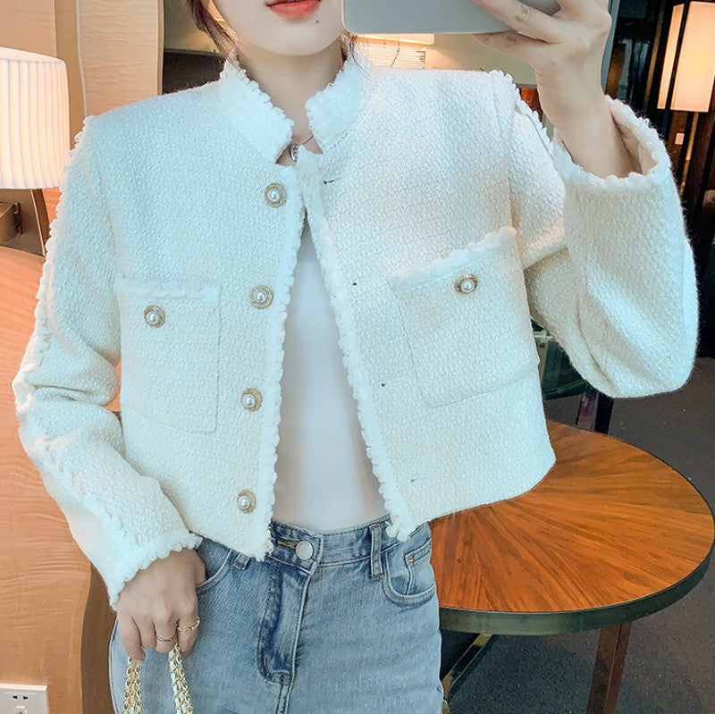 swvws  Autumn New Women High Quality  Single-Breasted Tweed  Stand Collar Long Sleeve  Jacket