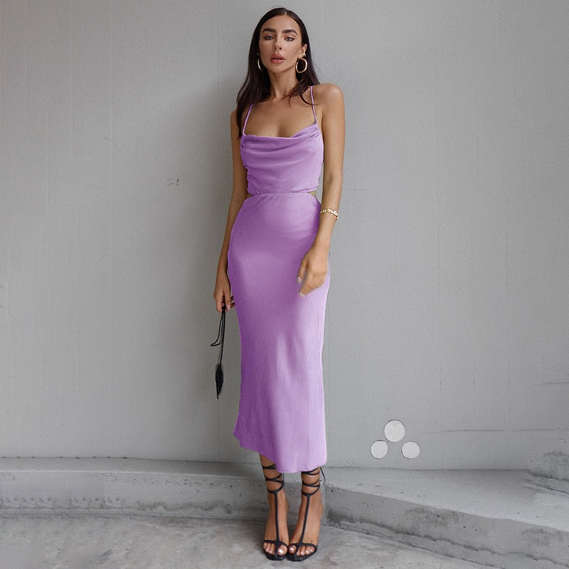 Women Spaghetti Strap Satin Long Dresses Sexy Lace Up Cross Bandage Backless Dress Elegant Bodycon Slim Party Dress Summer