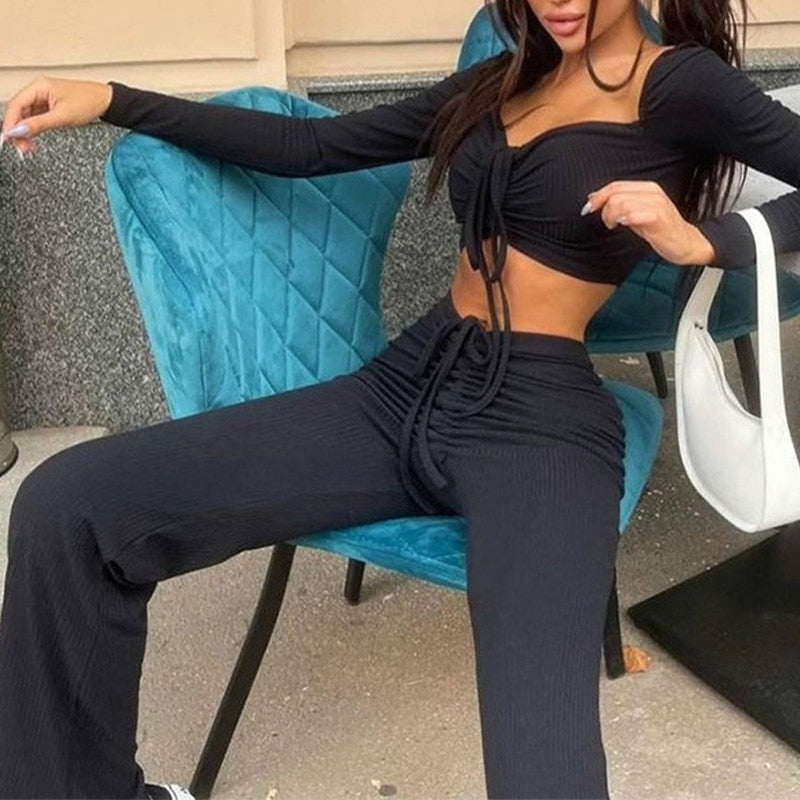 swvws Ruched Womens Set Skinny Crop Top Straight Pant Solid  Autumn Long Sleeve Square Collar Tee Wide Leg Trousers Lady Sexy Suit