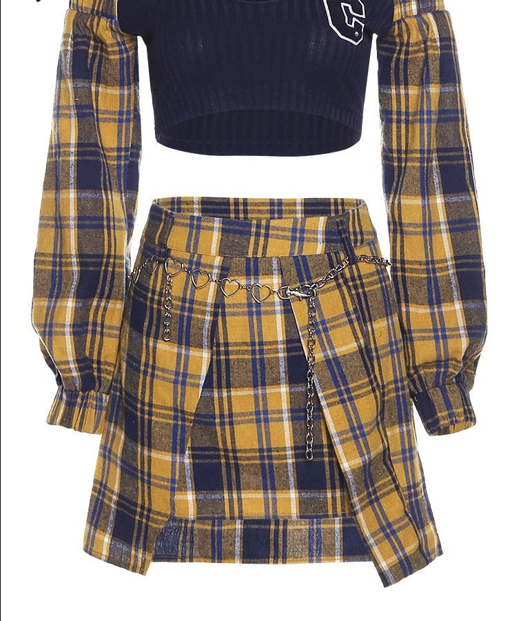 swvws Youth Stitching Contrast Color Plaid Beautiful Wild One-Line Collar Long-Sleeved Short Top With A-Line Skirt 2 Two-Piece XJ0203