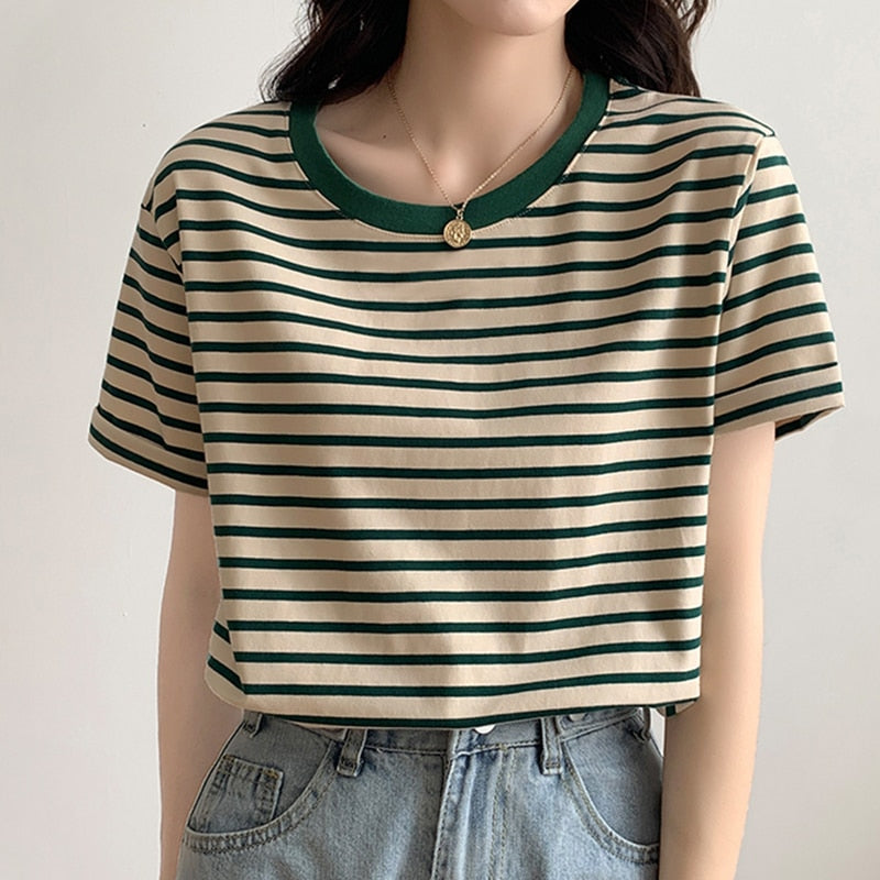 swvws Cotton T Shirt Women  Summer Striped Tshirts For Women Clothing Casual Basic Women's T-Shirt Loose T-Shirts Tee Tops Tshirt