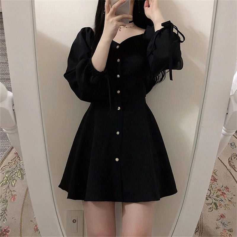 swvws Vintage Gothic Black Dress Women Autumn Long Sleeve Lace Up Goth Party Dresses Female Sexy V-Neck High Waist Mini A-Line Dresses