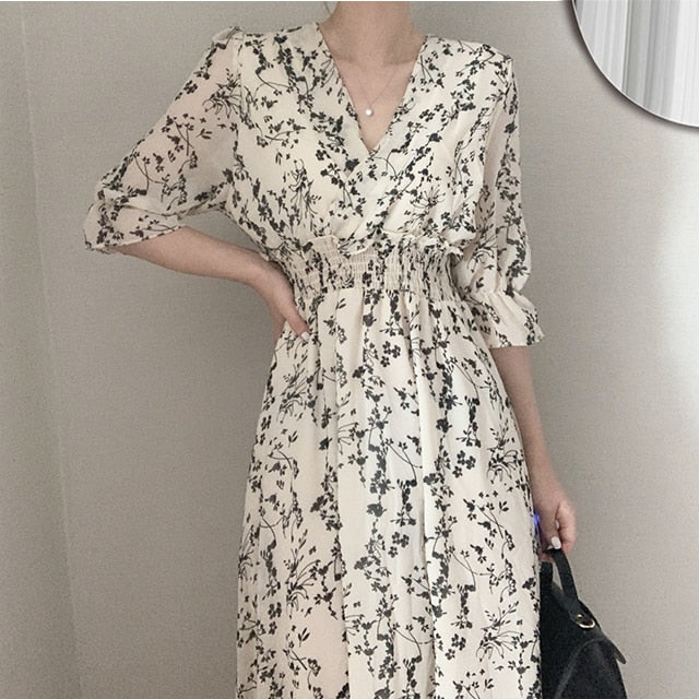 swvws Vintage Korea Fashion Clothing Summer Slim Elastic Waist A Line V Neck Elegant Office Lady Floral Chic Chiffon Long Dress Retro