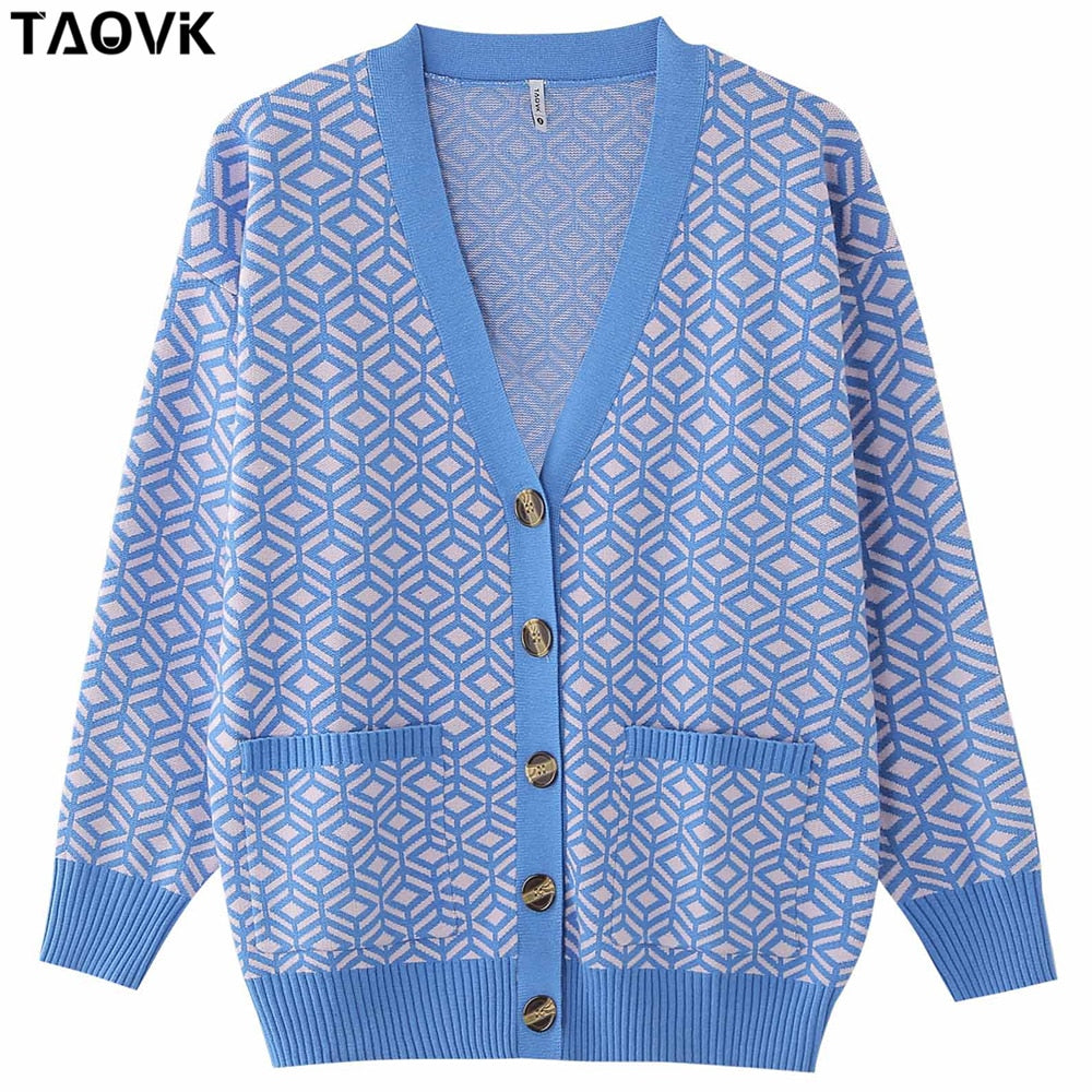 swvws Women's Knitted Sweater Diamond Pattern Single-Breasted Buttons Loose Casual Knit Cardigan Sweater