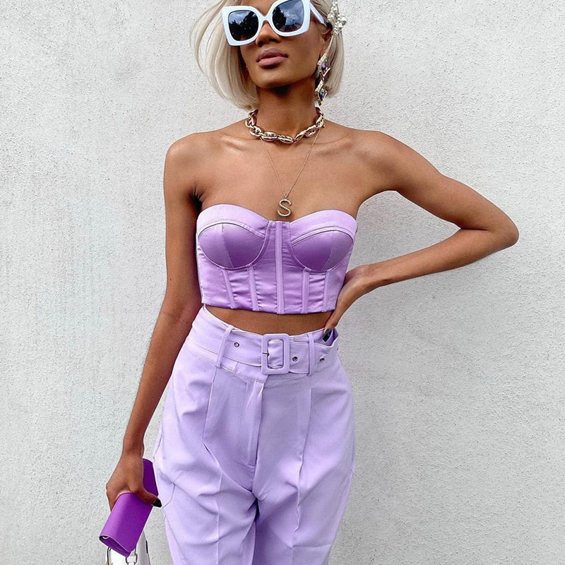 swvws  Patchwork Sexy Bustier Corset Crop Top Women Sleeveless Off Shoulder Purple Satin Bandage Tank Top Summer Club ASVE82591