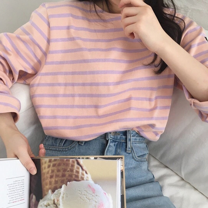 swvws Harteen T Shirt Loose Cotton Striped Tshirt Women Autumn Long Sleeves O-Neck Korean All-Match Basic Woman Top Femme Tee T-Shirts