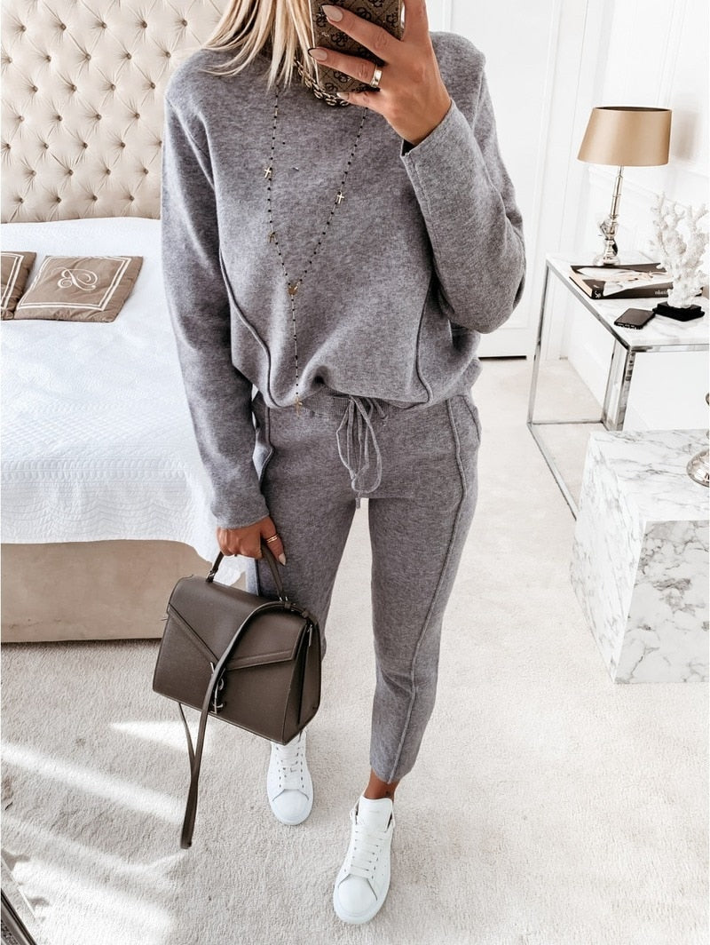 swvws Winter Autumn Women Knitted Settwo Piece Set Tracksuit Velvet Oversize Female Ropa De Chandal Mujer Invierno Casual Jogging Suit