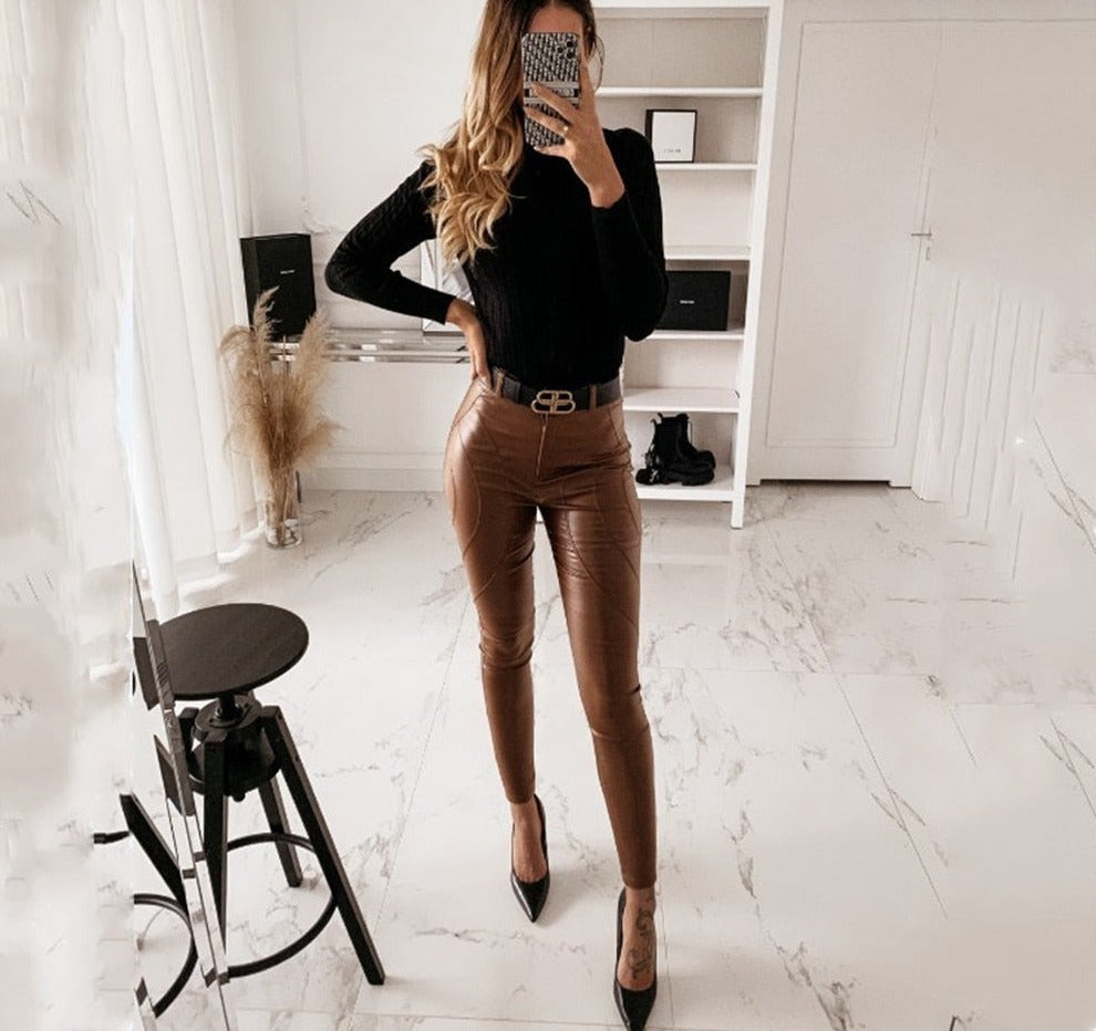 swvws High Waist Spliced Loose Leather Pants Women Autumn Solid Drawstring PU Leather Trousers Women Straight Pants Female