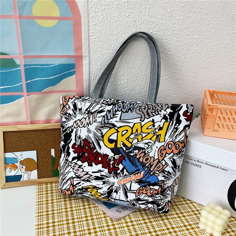 swvws  Fashion Folding Women Big Size Handbag Tote Ladies Casual Flower Printing Canvas Graffiti Shoulder Bag Beach Bolsa Feminina