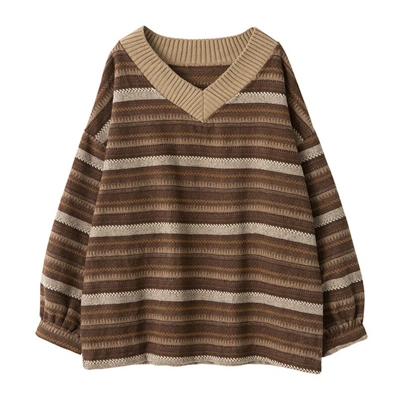 swvws Knitted Sweaters Women Oversized V Neck Striped Pullover Vintage Sweater Autumn Winter Retro Warm Jumper Harajuku Loose Sweater