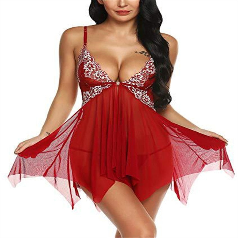 swvws Sexy Lingerie Women Front Closure Babydoll Lace V Neck Mesh Sleepwear Lingerie Women Sleepwear Hot Lingerie Porno Nightdress